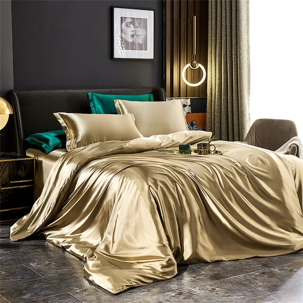 Solid Silk Bedding Set with Duvet Cover Bed Sheet Pillowcases Luxury Satin Single Double Bedsheet King Queen Twin Size TAVEN System LLC