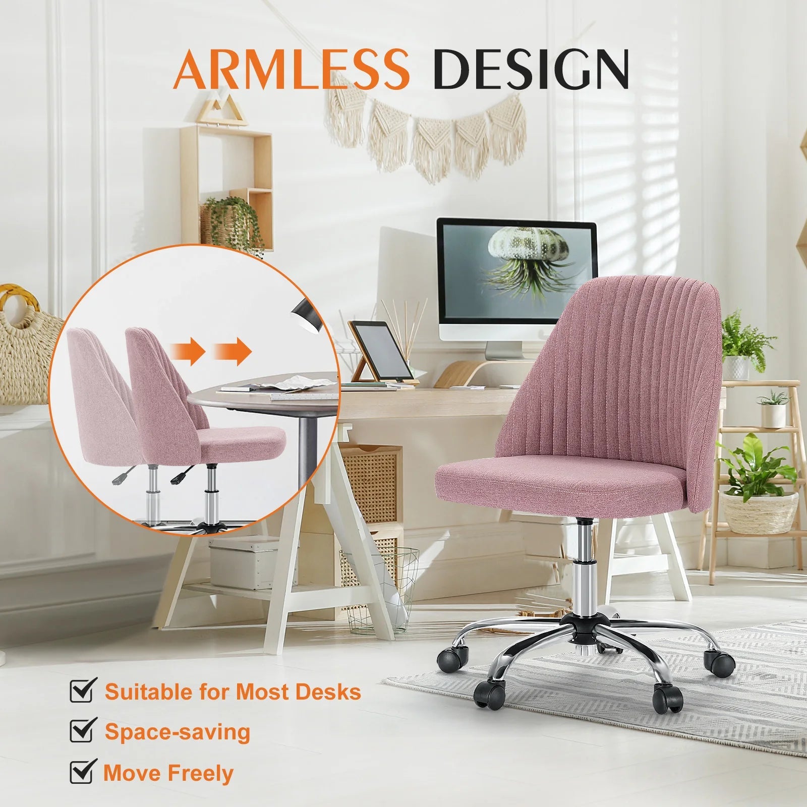 JHK Armless Fabric Office Chair with Wheels Height Adjustable TAVEN System LLC