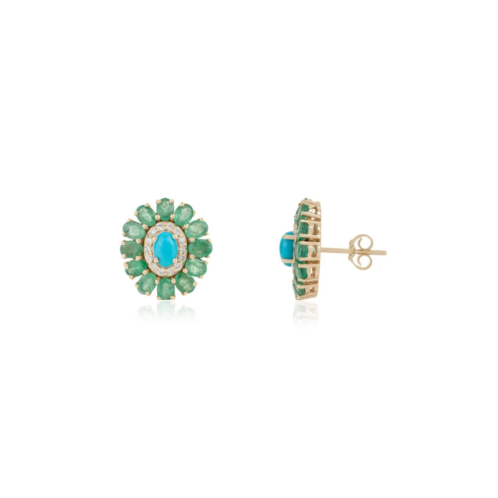 Most Trending Products Fine Emerald Turquoise & Diamond Flower Halo Stud Earrings Statement Jewelry 14K Solid Yellow Gold TAVEN System LLC