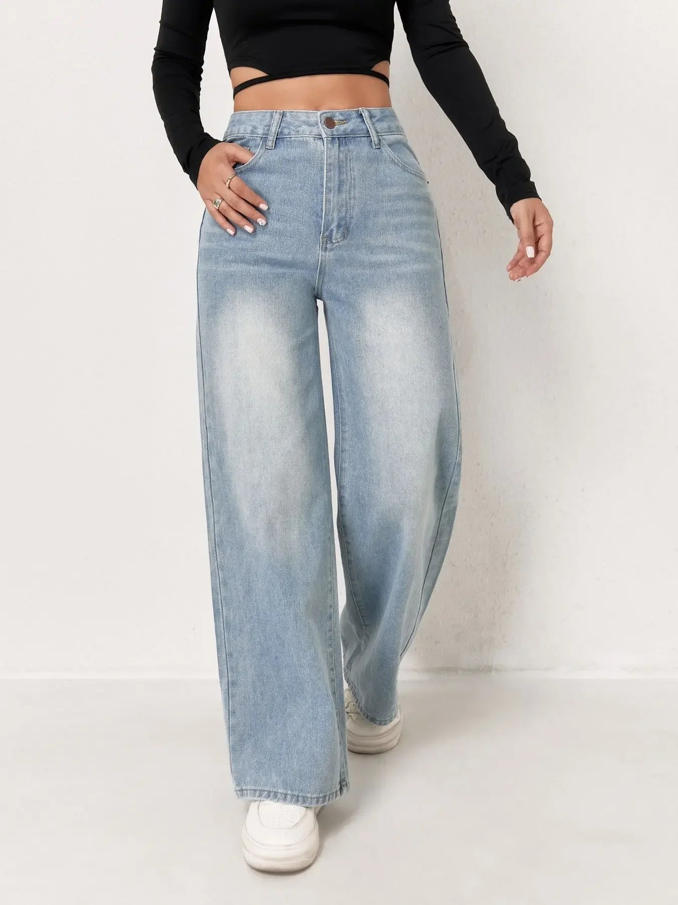 Trendy Wide Leg Distressed Jeans cc Casual Straight Denim Pants TAVEN System LLC