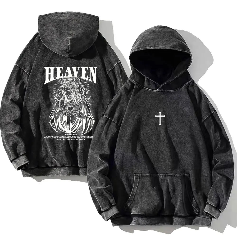 Men Vintage Psalm 91:11 Cotton Hoodie Washed Hip Hop Sweatshirt