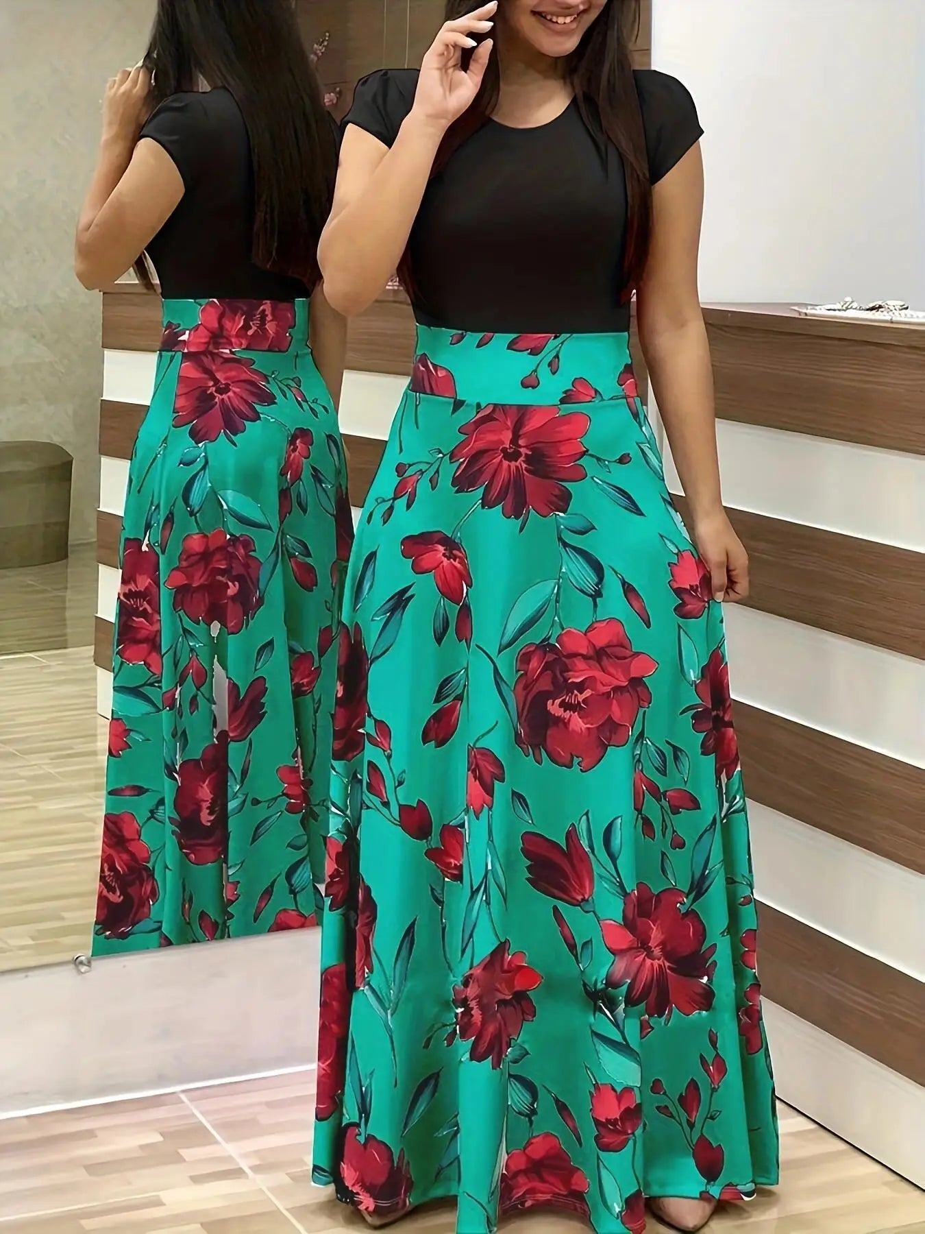 2024 European and American style flower print color matching short sleeved dress for women's large swing skirt TAVEN System LLC