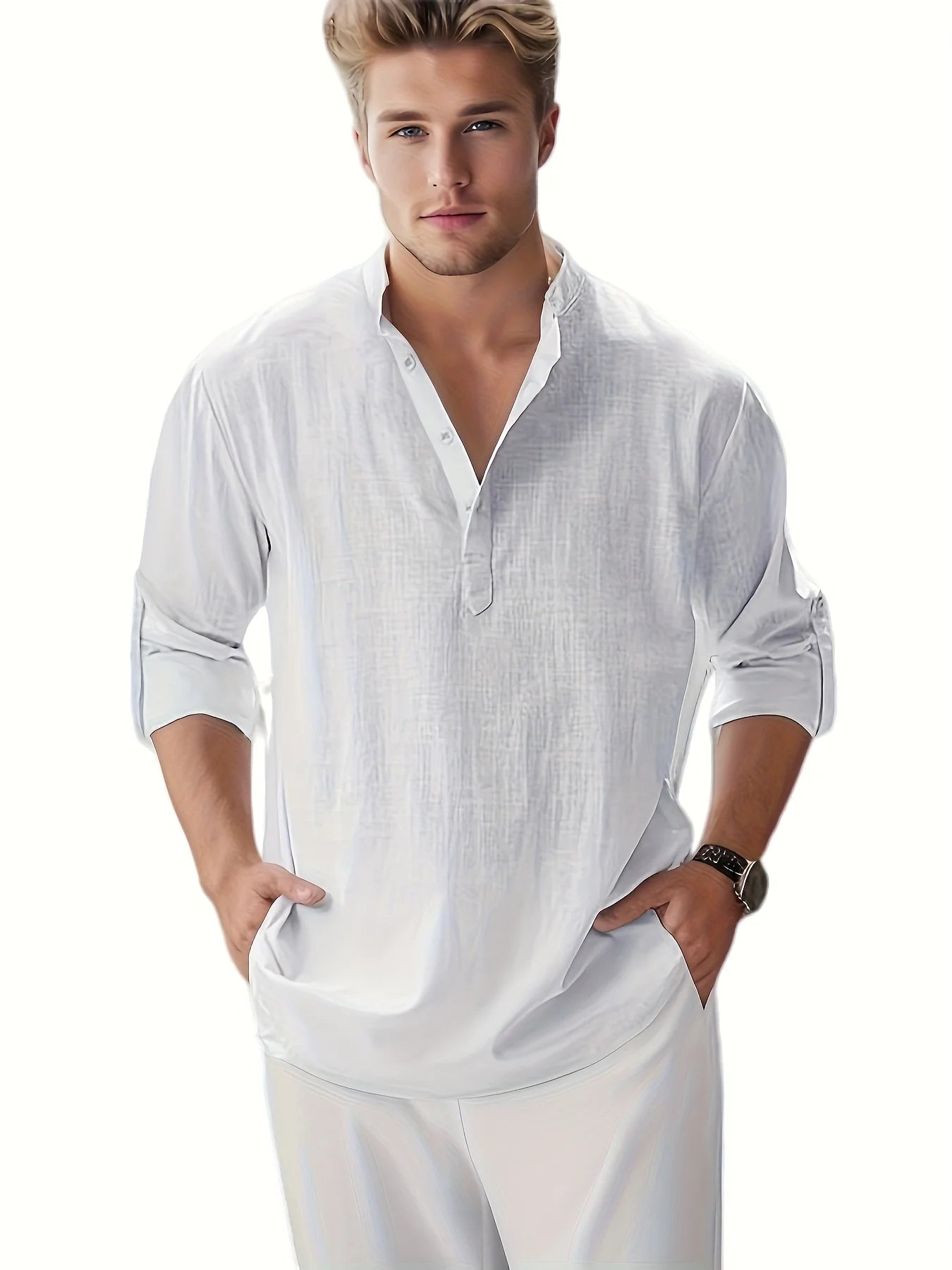 Men's Linen Stand Collar Long Sleeve Casual Cotton Shirt TAVEN System LLC