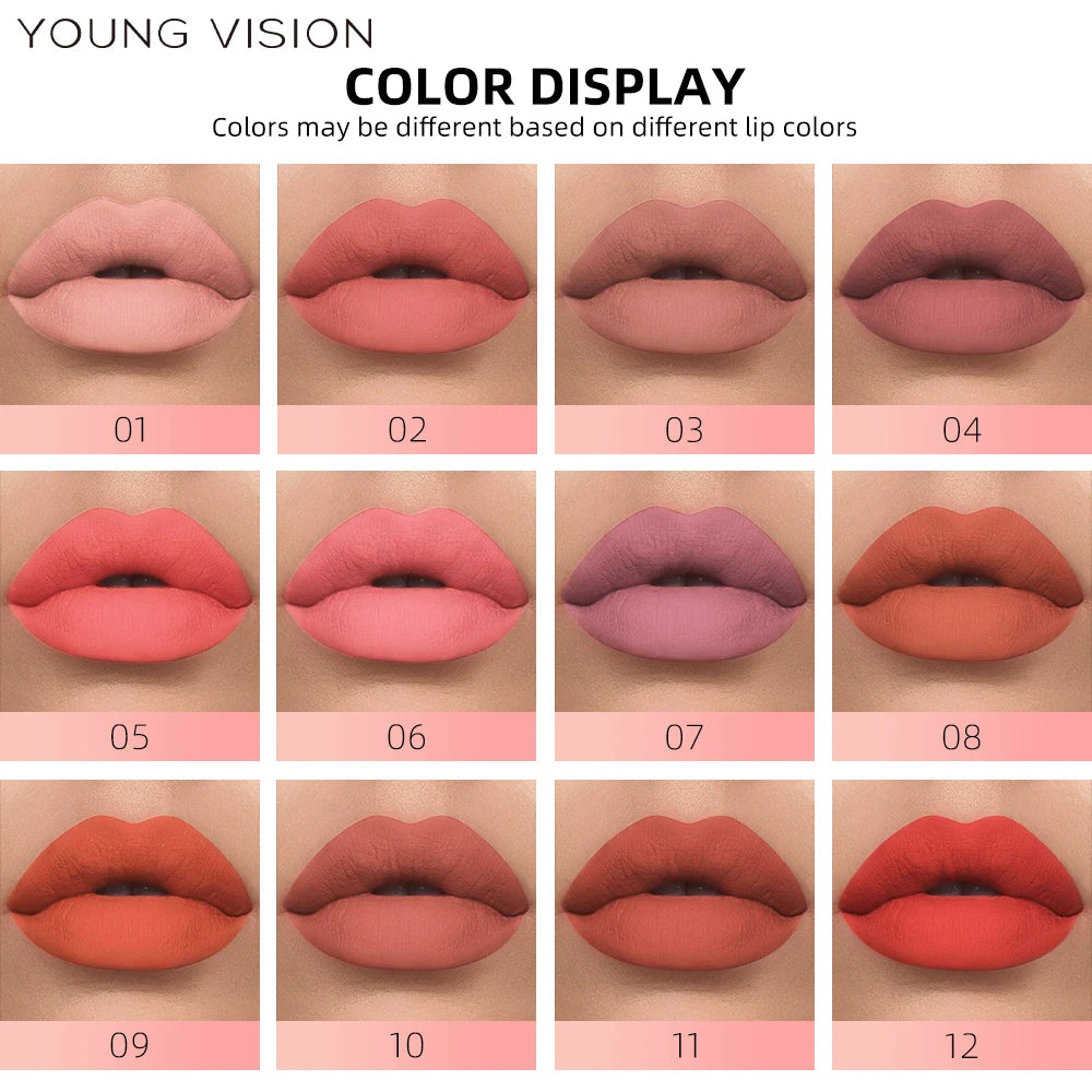 12 Color Matte Velvet Liquid Lip Gloss Long Lasting Non-Stick Cup Waterproof Intense Color Showing Lip Mud