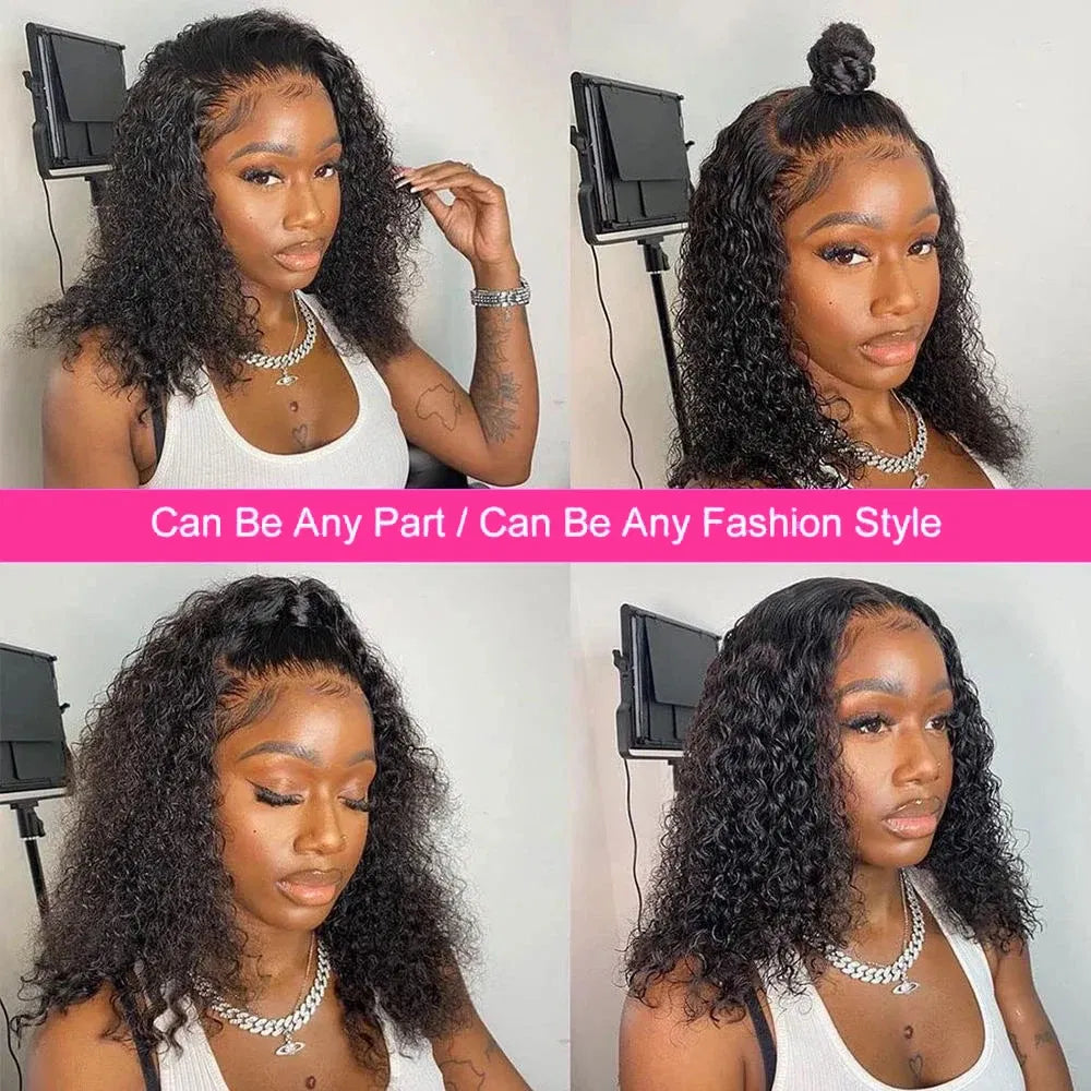 Hair Color: #1B, Ships From: CHINA, Stretched Length: 8inches, Density: 150% - Water Wave Bob Wig Glueless Preplucked Human Wigs Ready To Go 13x4 Frontal Brazilian Wigs HD Transparent Lace Wig Deep Curls Taven