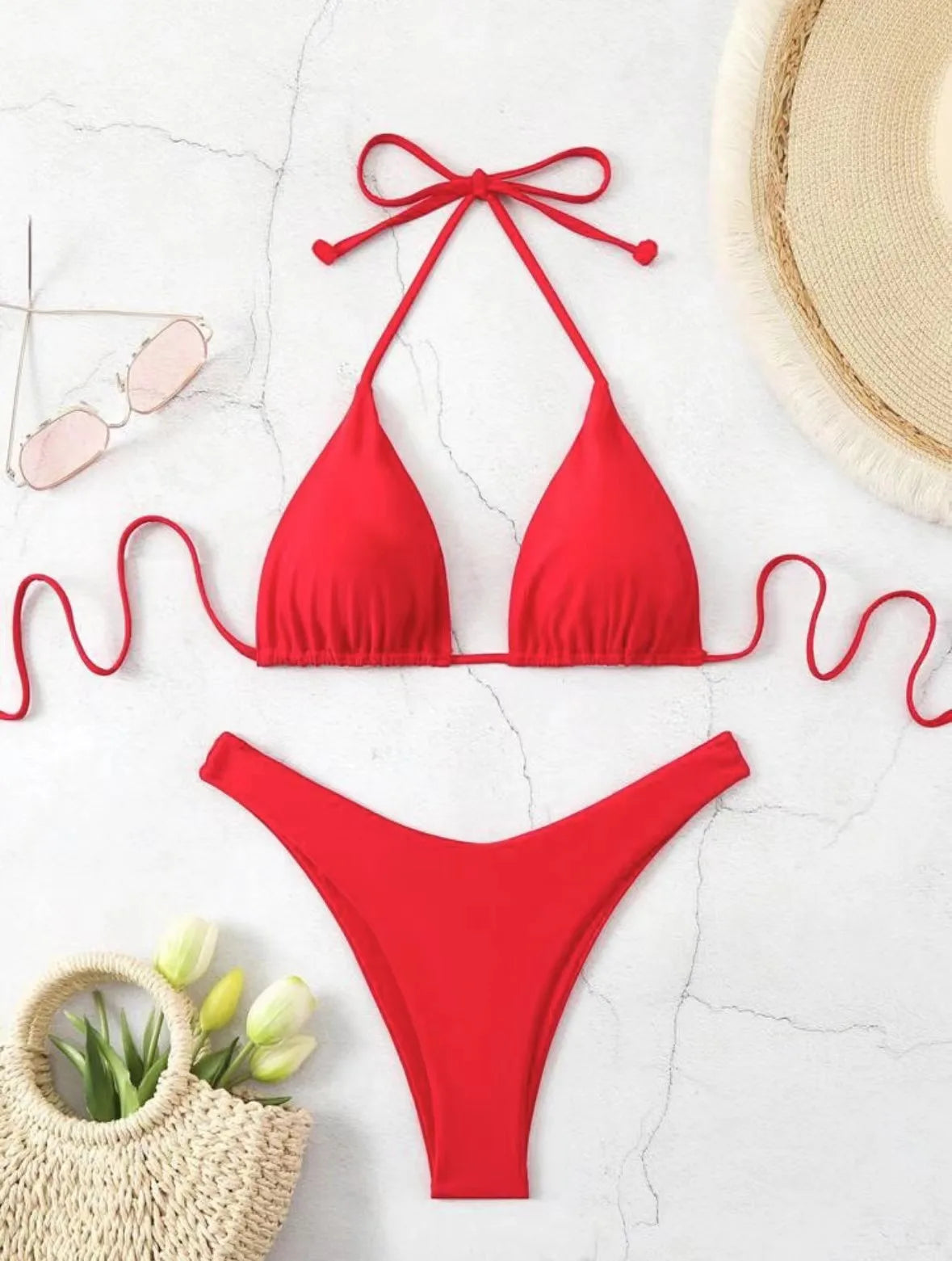 2025 Women White Bikini Chest Padded New Sexy Halter Bikini Two-Piece Set With Drawstring Straps Solid Brazilian Bathing Suit TAVEN System LLC