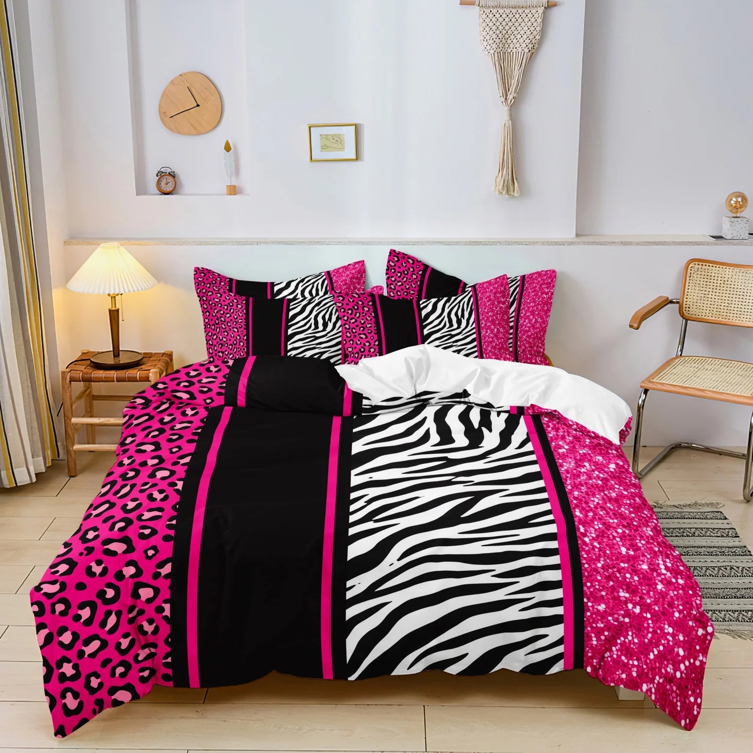 3pcs Duvet Cover Set in Red Leopard Print, Rose Red, and Black Zebra Stripe with Shiny Finish. Fashionable, Soft and Comfortable TAVEN System LLC