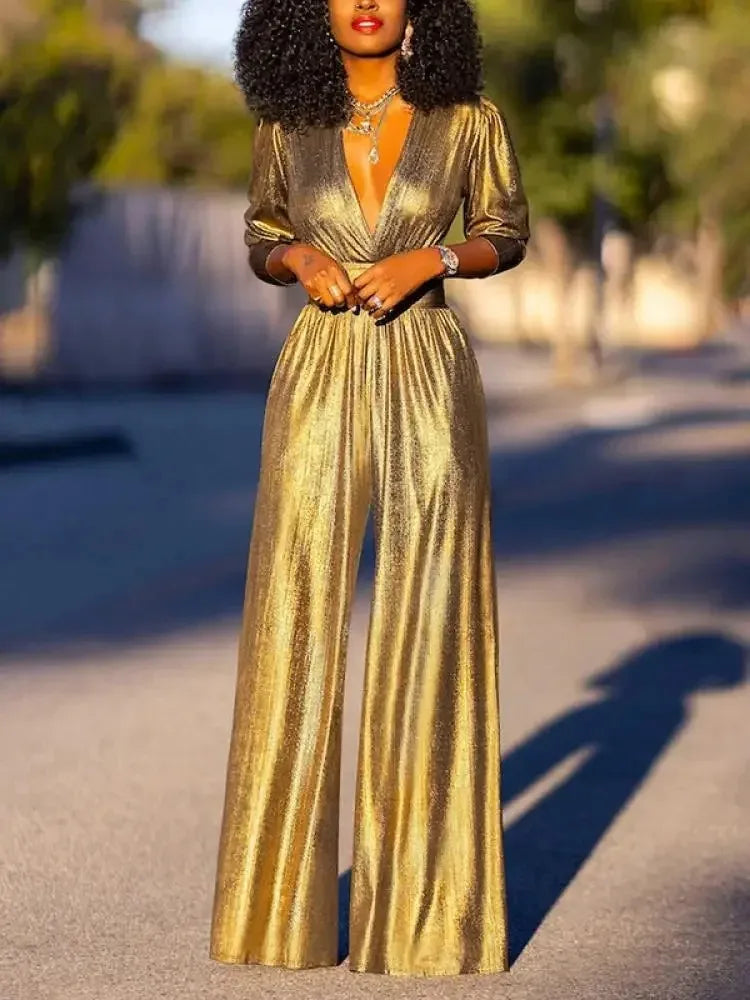 Uoozee Female Fashion Sexy Deep V-neck High Waisted Wide Leg Jumpsuits 2025 New Long Sleeves Solid Color Loose Party Outfits TAVEN System LLC