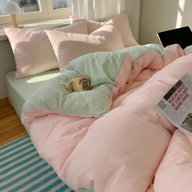 Cotton Bedding Set 4pcs with Solid Bed Sheet Duvet Cover Pillowcases Single Couple Bedsheet King Queen Double Twin Size TAVEN System LLC