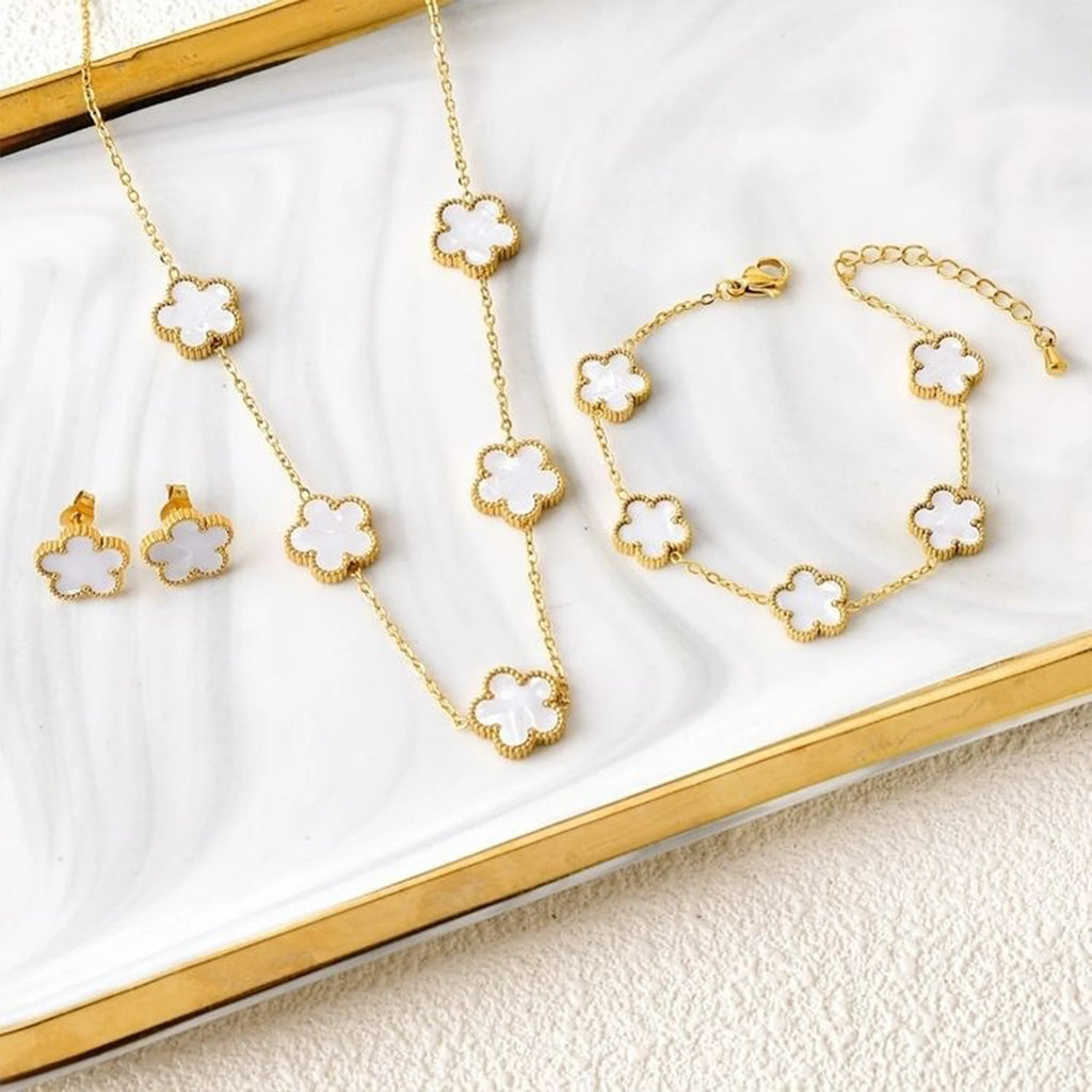 3Pcs 18k Gold-Plated Five-Leaf Flower Necklace Earrings Bracelet Jewelry Set for Woman Fashion Party Jewelry Daily Wear Clover TAVEN System LLC