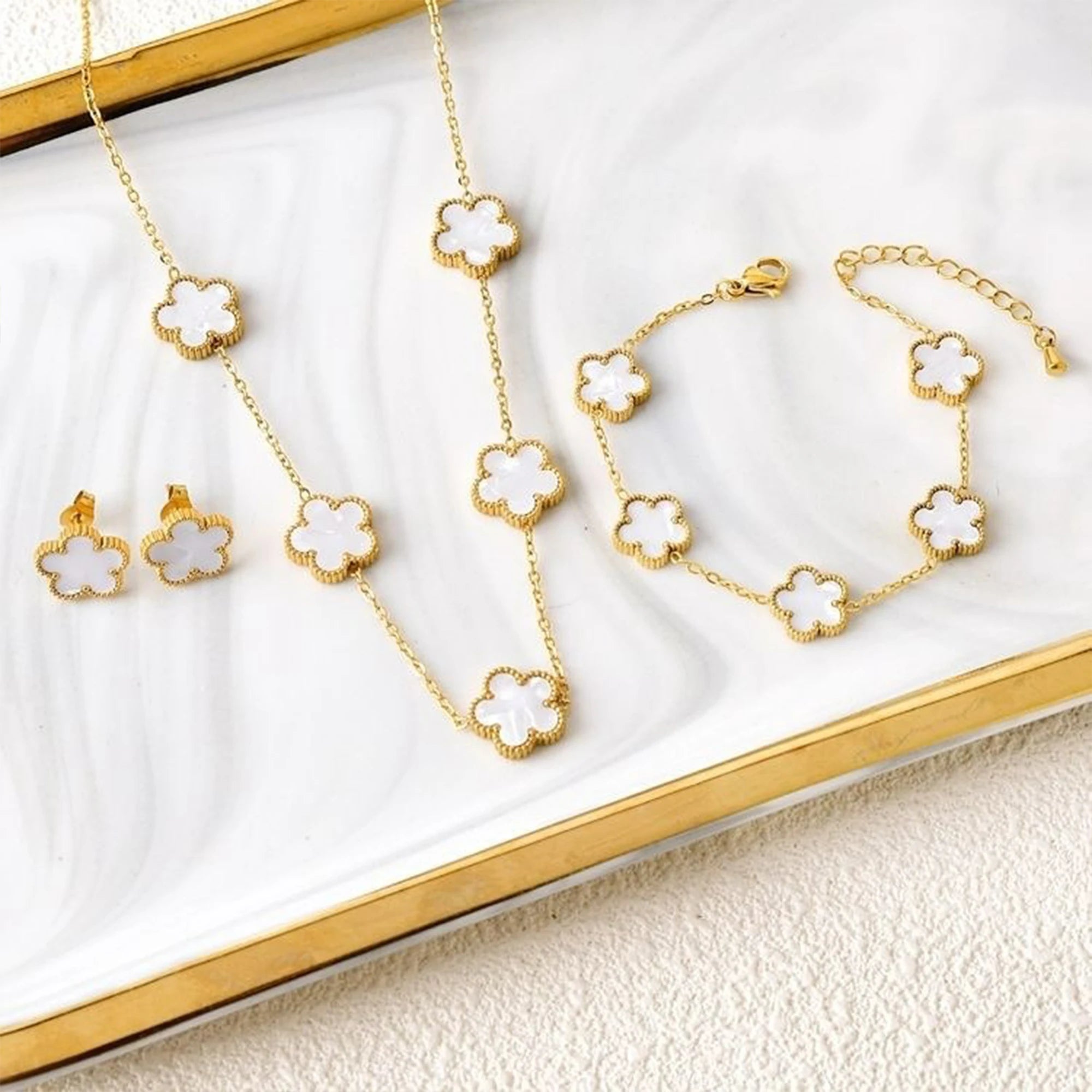 3Pcs 18k Gold-Plated Five-Leaf Flower Necklace Earrings Bracelet Jewelry Set for Woman Fashion Party Jewelry Daily Wear Clover TAVEN System LLC