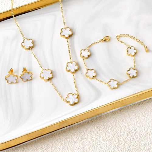 3Pcs 18k Gold-Plated Five-Leaf Flower Necklace Earrings Bracelet Jewelry Set for Woman Fashion Party Jewelry Daily Wear Clover TAVEN System LLC