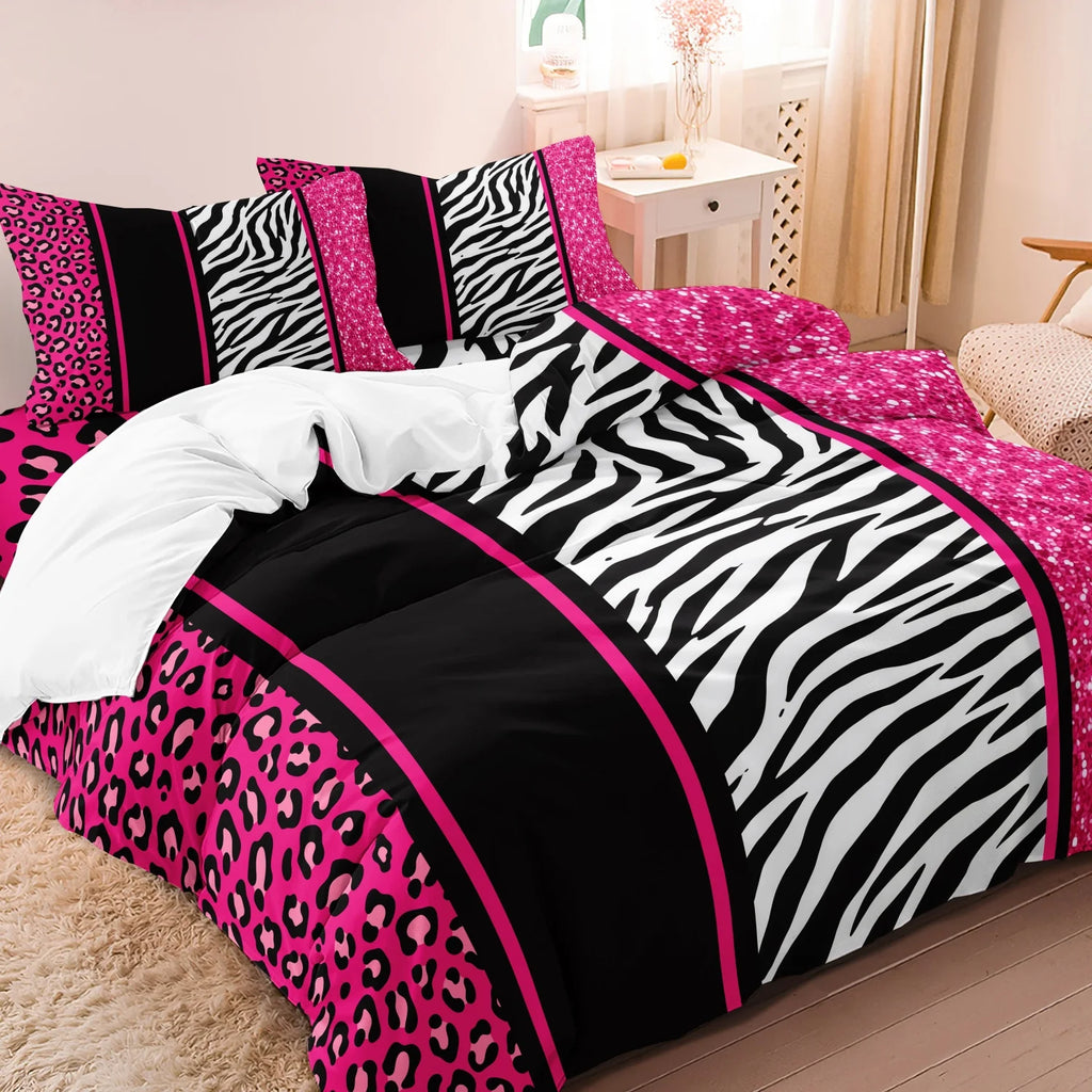 3pcs Duvet Cover Set in Red Leopard Print, Rose Red, and Black Zebra Stripe with Shiny Finish. Fashionable, Soft and Comfortable TAVEN System LLC