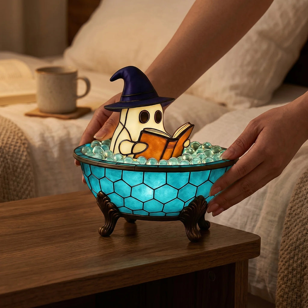 Halloween Ghost Bathtub Reading Book Table Lamp Tiffany Stained Glass Night Light Cute Spooky Ghost in Bubble Bowl Decor Lamp for Bedroom Living Room Holiday Home Decor Gift TAVEN System LLC