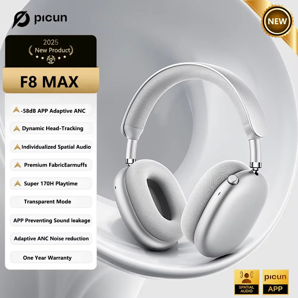 Picun F8 Pro ANC Wireless Headphones Head Tracking 3D Spatial Audio -52dB ANC HIFI Bluetooth Headset ENC HD Mic Low-Latency APP TAVEN System LLC