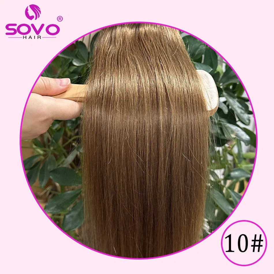 Color: #8, Length: 10inches - SOVO Clip In Hair Extensions Human Hair 3 Pieces Bone Straight Clip Ins Hair Extension 60-90G Real Natural European Hair 12-26" Taven