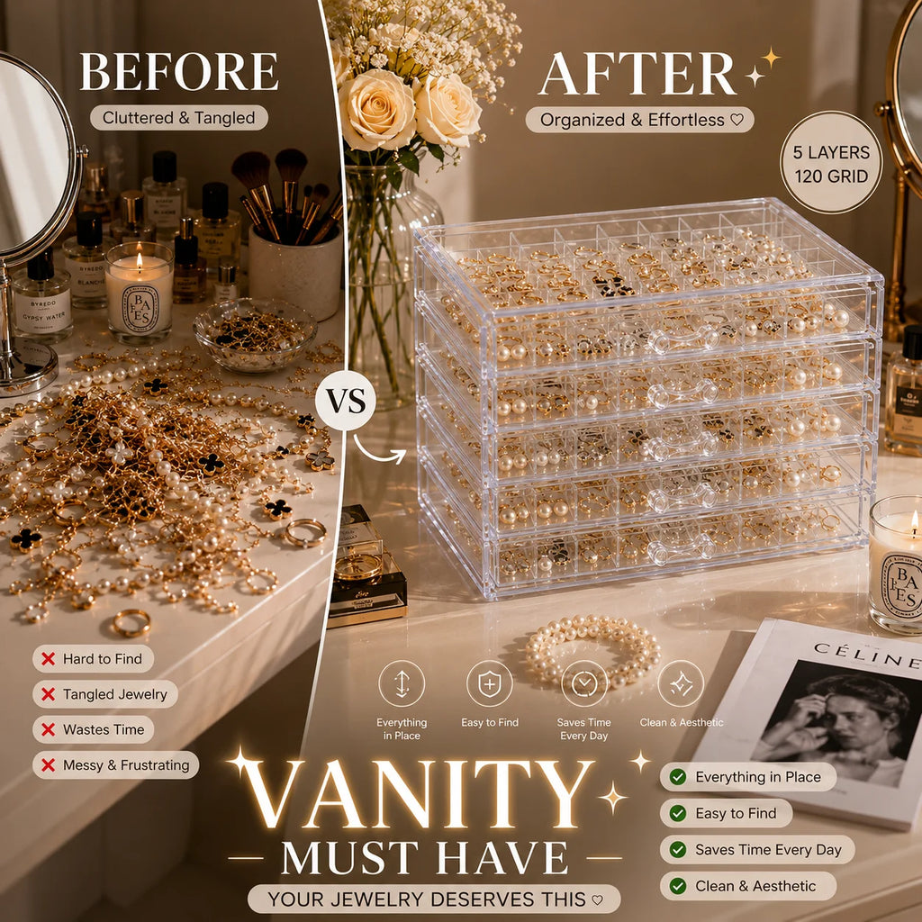 5-Drawer Clear Acrylic Jewelry Organizer, 120-Grid Transparent Storage Box for Earrings, Rings, Studs, Beads and Small Accessories, Vanity Dresser Display Case TAVEN System LLC