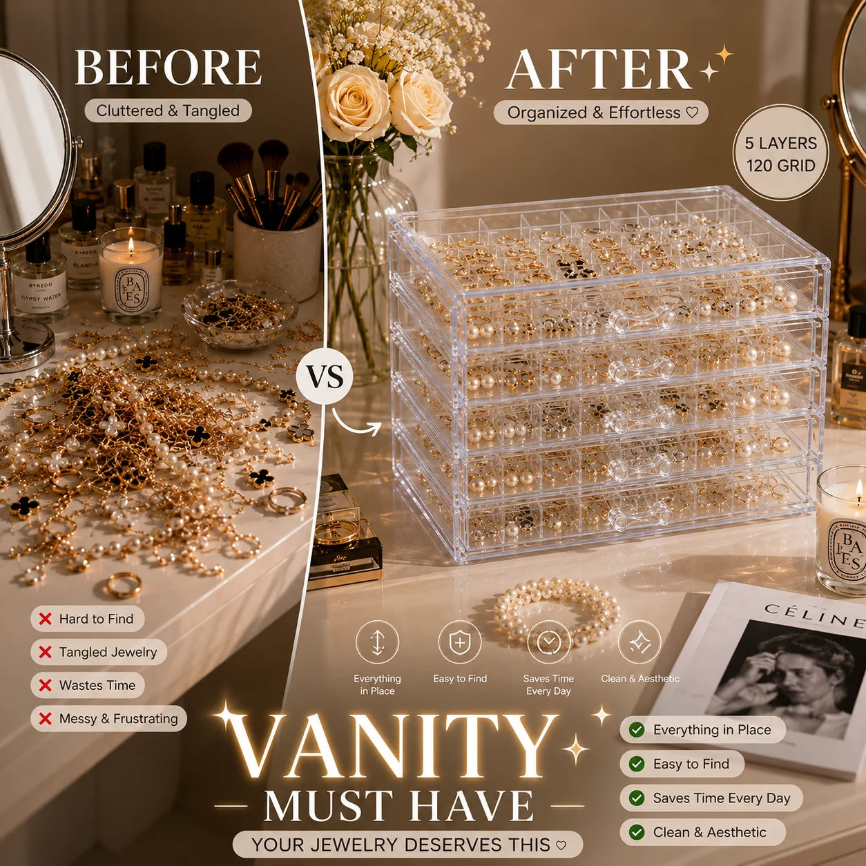5-Drawer Clear Acrylic Jewelry Organizer, 120-Grid Transparent Storage Box for Earrings, Rings, Studs, Beads and Small Accessories, Vanity Dresser Display Case TAVEN System LLC