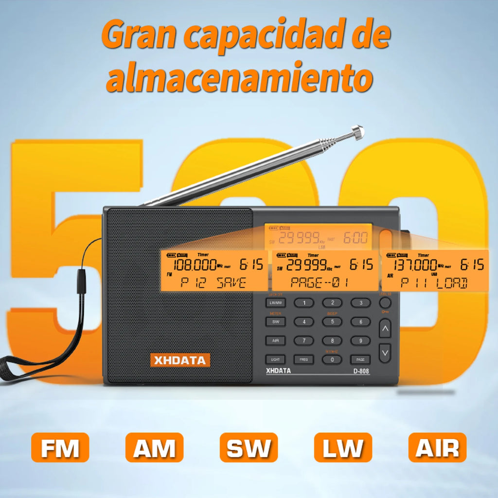 XHDATA D808 Portable Multiband Radio Receiver AM/FM/SW/MW SSB AIR RDS Stereo Sound Long Range Reception Rechargeable Battery TAVEN System LLC