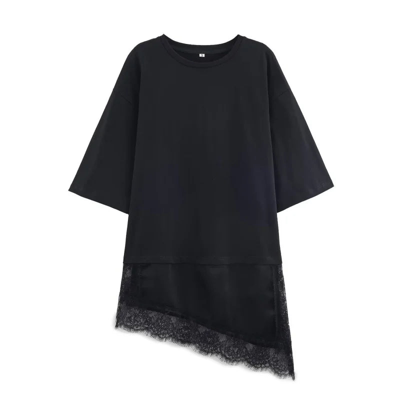 Women Asymmetric Lace Trim T-Shirt Loose Casual Summer Half Sleeve TAVEN System LLC