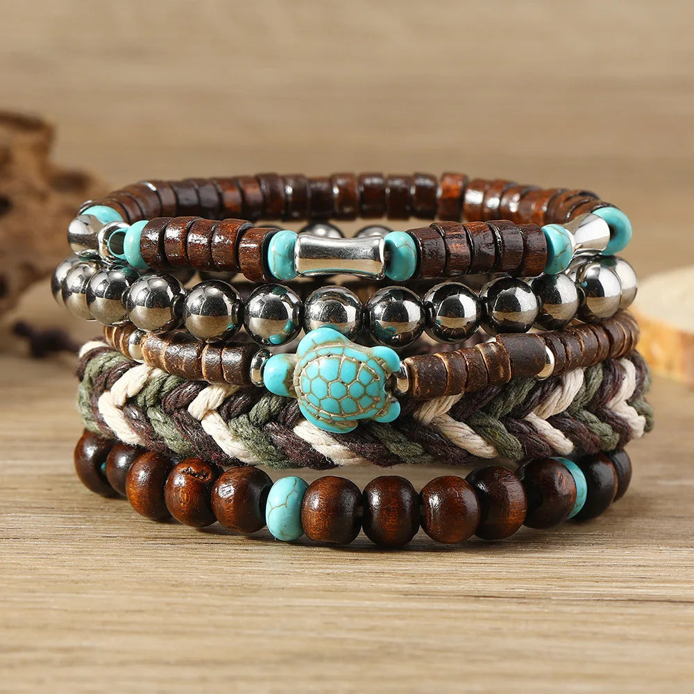 5-piece Bohemian Sea Turtle Vintage Wooden Shell Wax Rope Woven Bracelet Set TAVEN System LLC