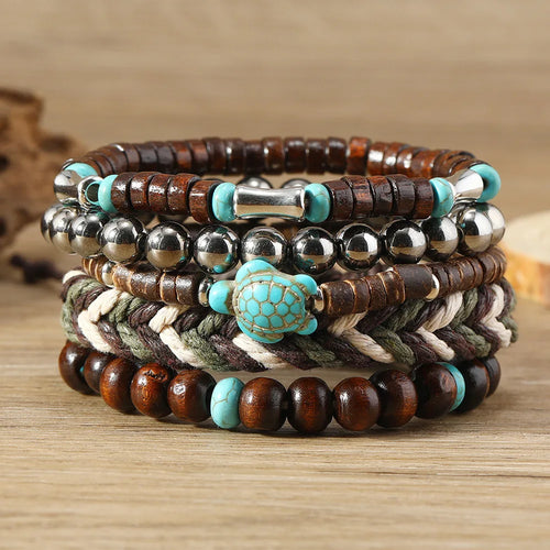 5-piece Bohemian Sea Turtle Vintage Wooden Shell Wax Rope Woven Bracelet Set TAVEN System LLC