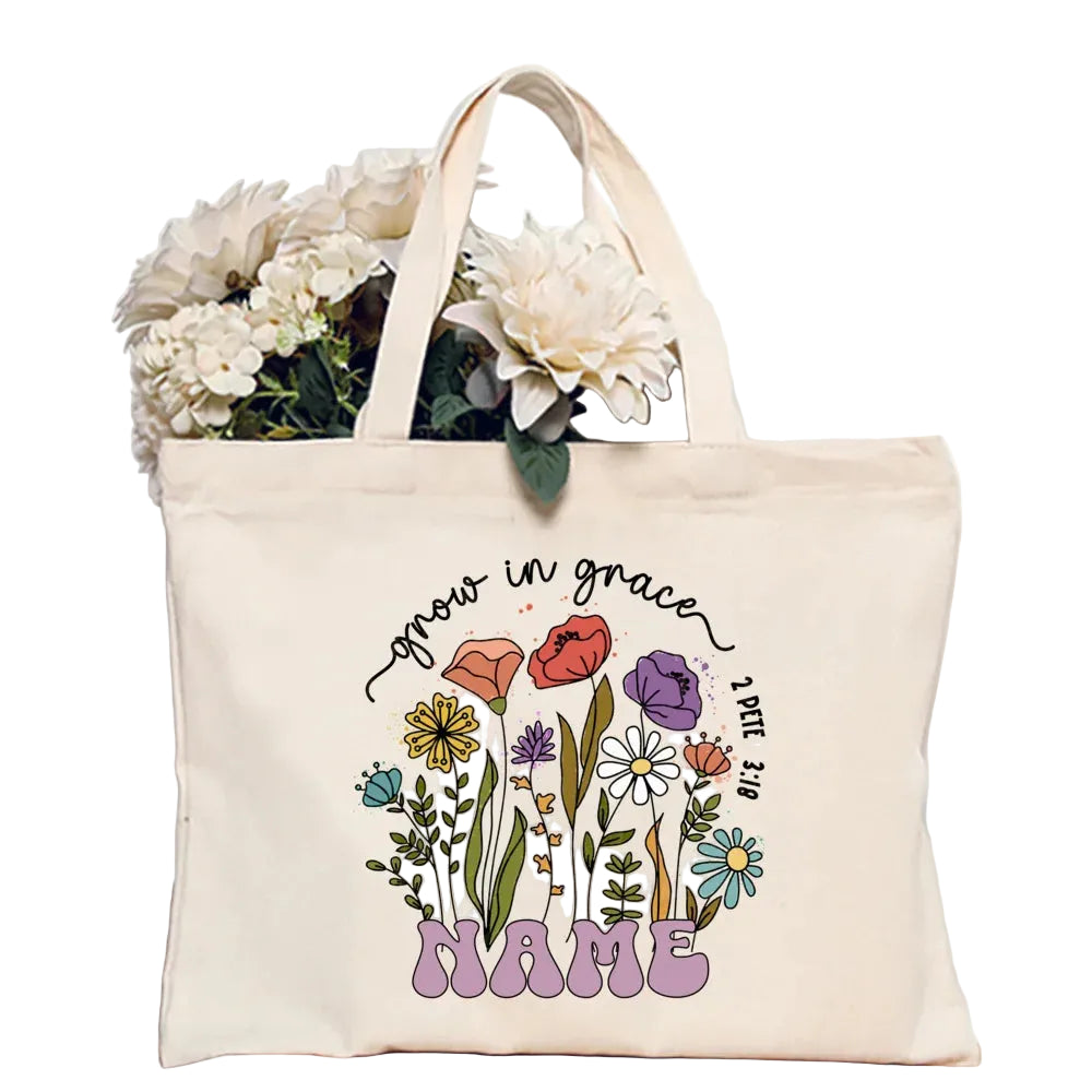 Personalized Flower Name Canvas Tote Bag Women Shoulder Shopper TAVEN System LLC