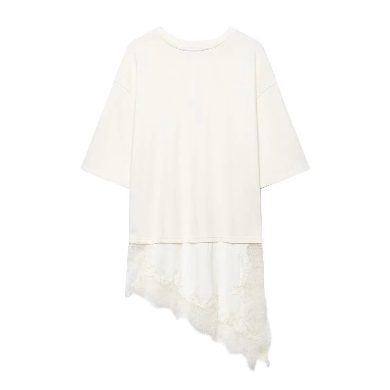 Women Asymmetric Lace Trim T-Shirt Loose Casual Summer Half Sleeve TAVEN System LLC