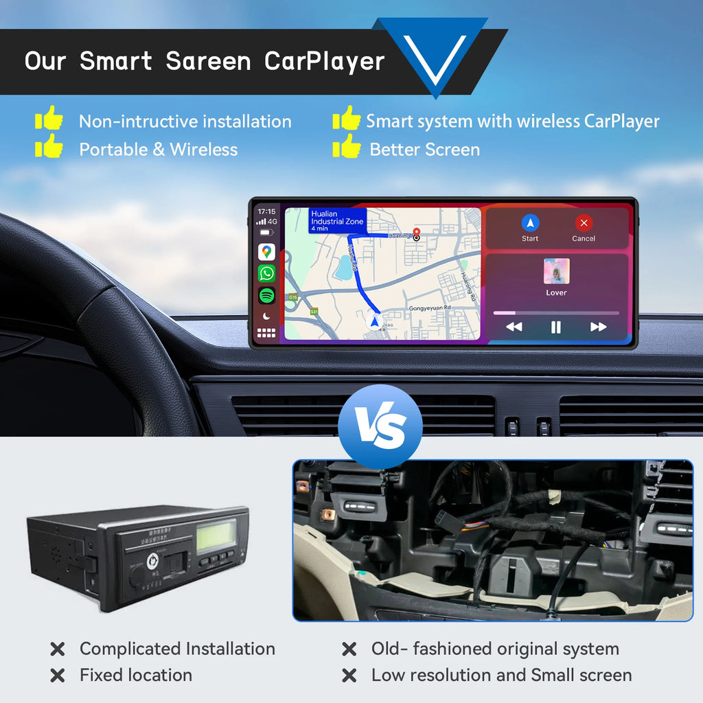 Portable Wireless Carplay Car Stereo, 10.26" inch HD Touchscreen for Car with CarPlay& Android Auto with Mirror Link/Backup Cam