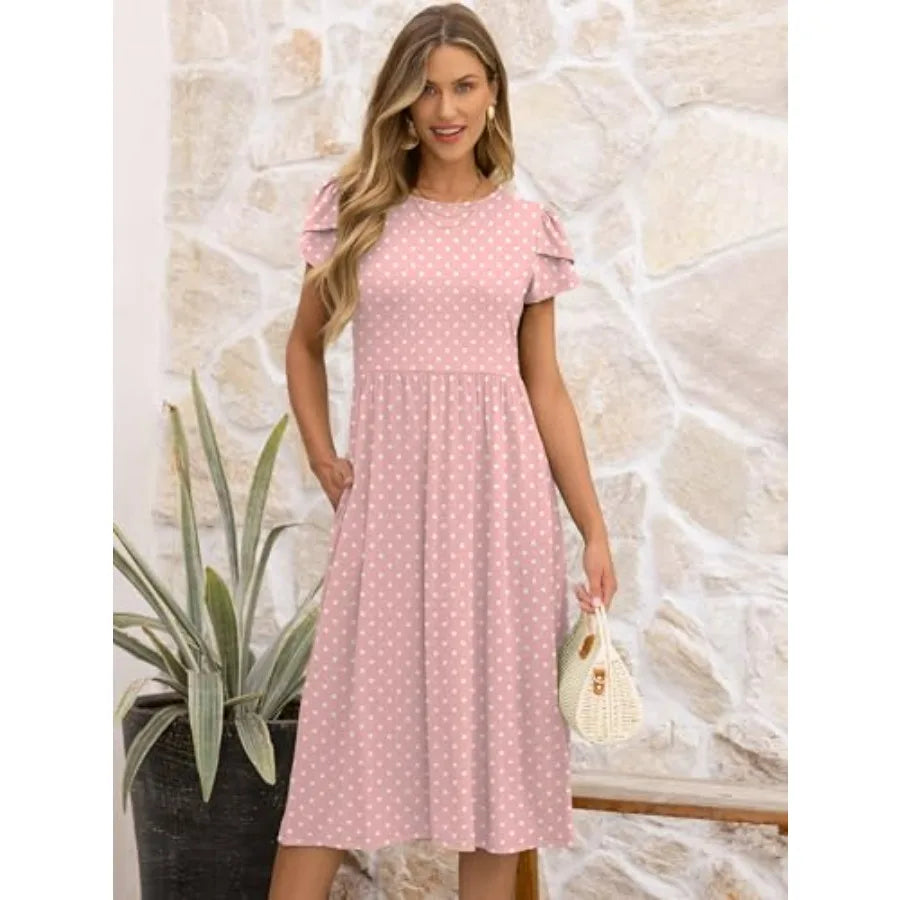 Women A-Line Midi Dress Casual Short Sleeve Summer Pockets Sundress