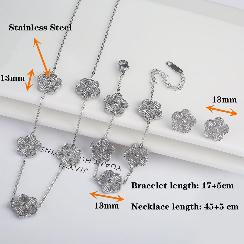Simple 316L Stainless Steel Flower Five Leaf Necklace Bracelet Earrings 18K Gold Plated Jewelry Set for Women Girl Gift Clover TAVEN System LLC