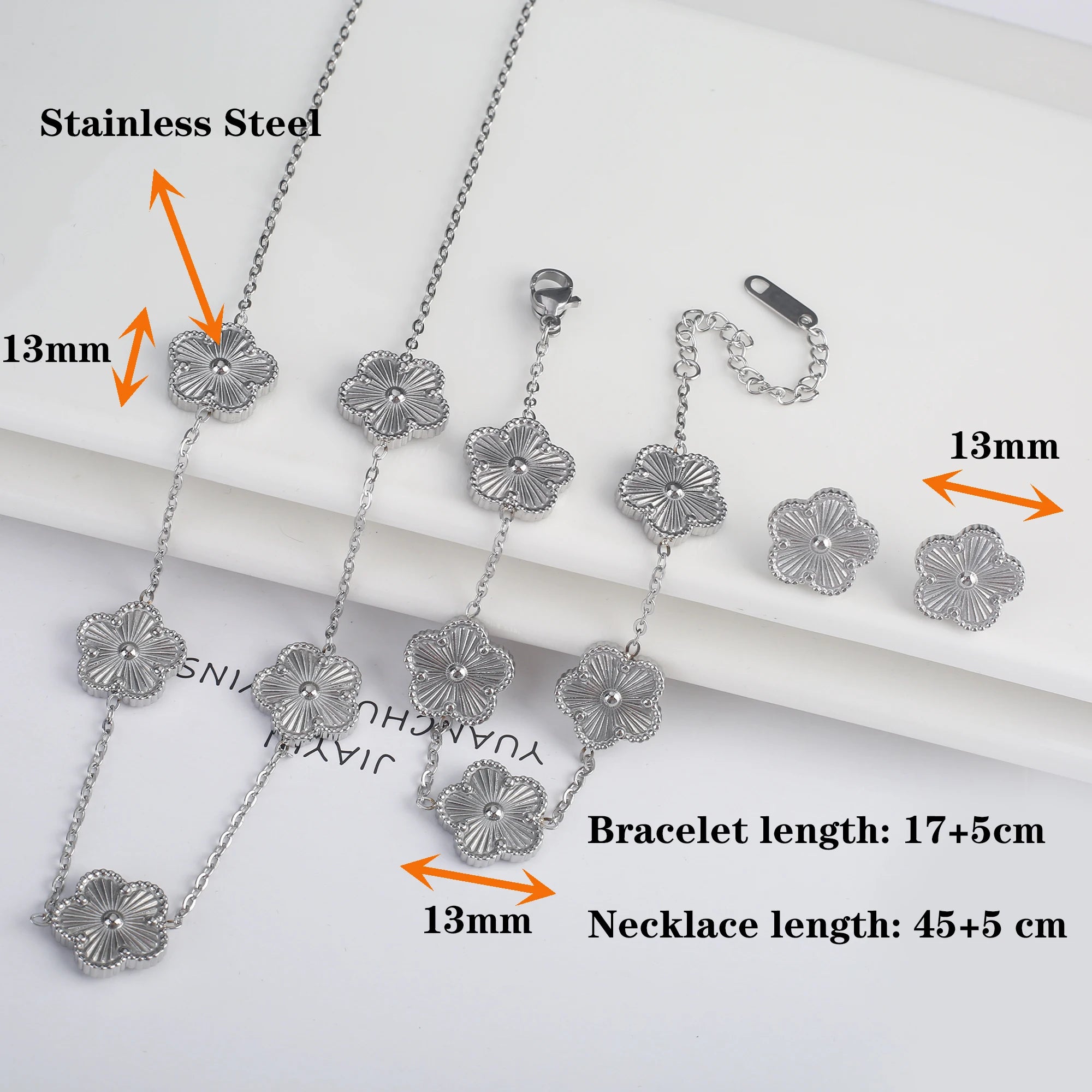 Simple 316L Stainless Steel Flower Five Leaf Necklace Bracelet Earrings 18K Gold Plated Jewelry Set for Women Girl Gift Clover TAVEN System LLC