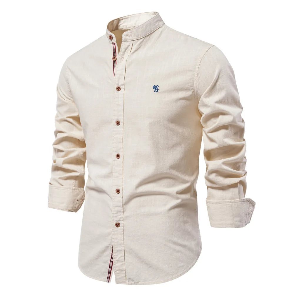 Men’s Cotton Linen Long Sleeve Solid Color Business Shirt TAVEN System LLC
