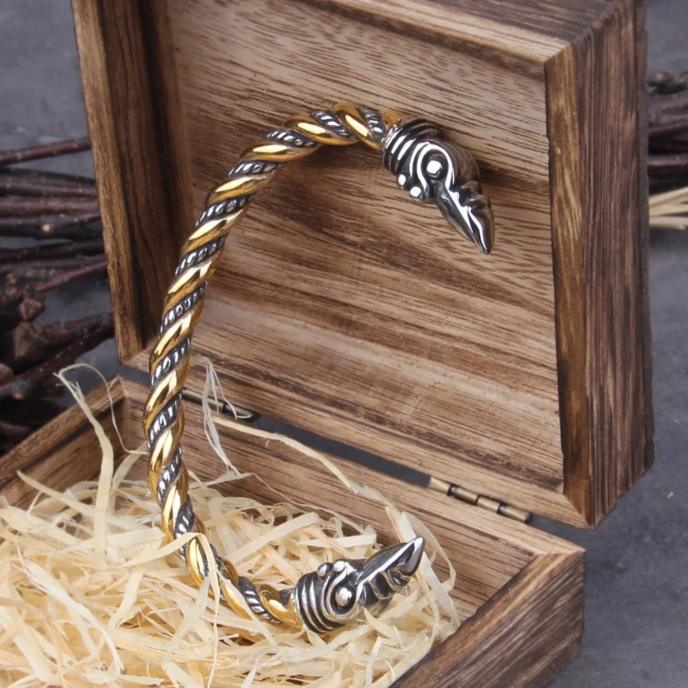 Stainless Steel Nordic Viking Norse Raven Bracelet Men Wristband Cuff Bracelets with viking wooden box TAVEN System LLC