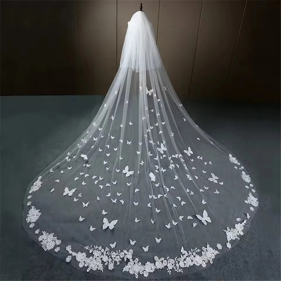 Wedding Veil Long Lace Edge 3D Butterfly Floral Appliques Face-Covered Cathedral Bridal Veil With Comb velo de novia White Ivory TAVEN System LLC