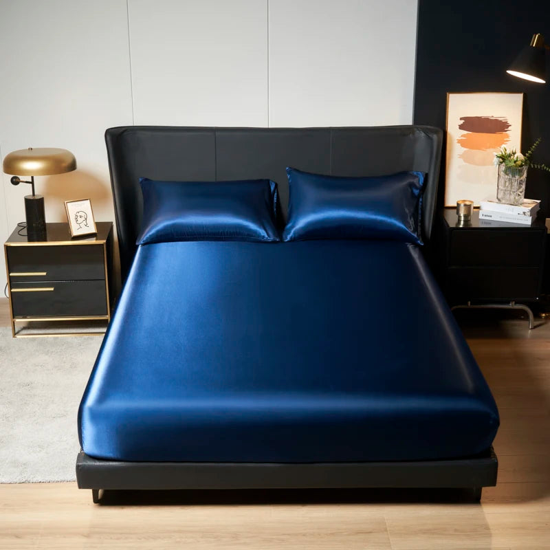 1/3Pc Satin Fitted Sheet Solid Colour Single Twin Full Queen King Ice Silk Mattress Cover Natural With Elastic Band Bed Sheet TAVEN System LLC