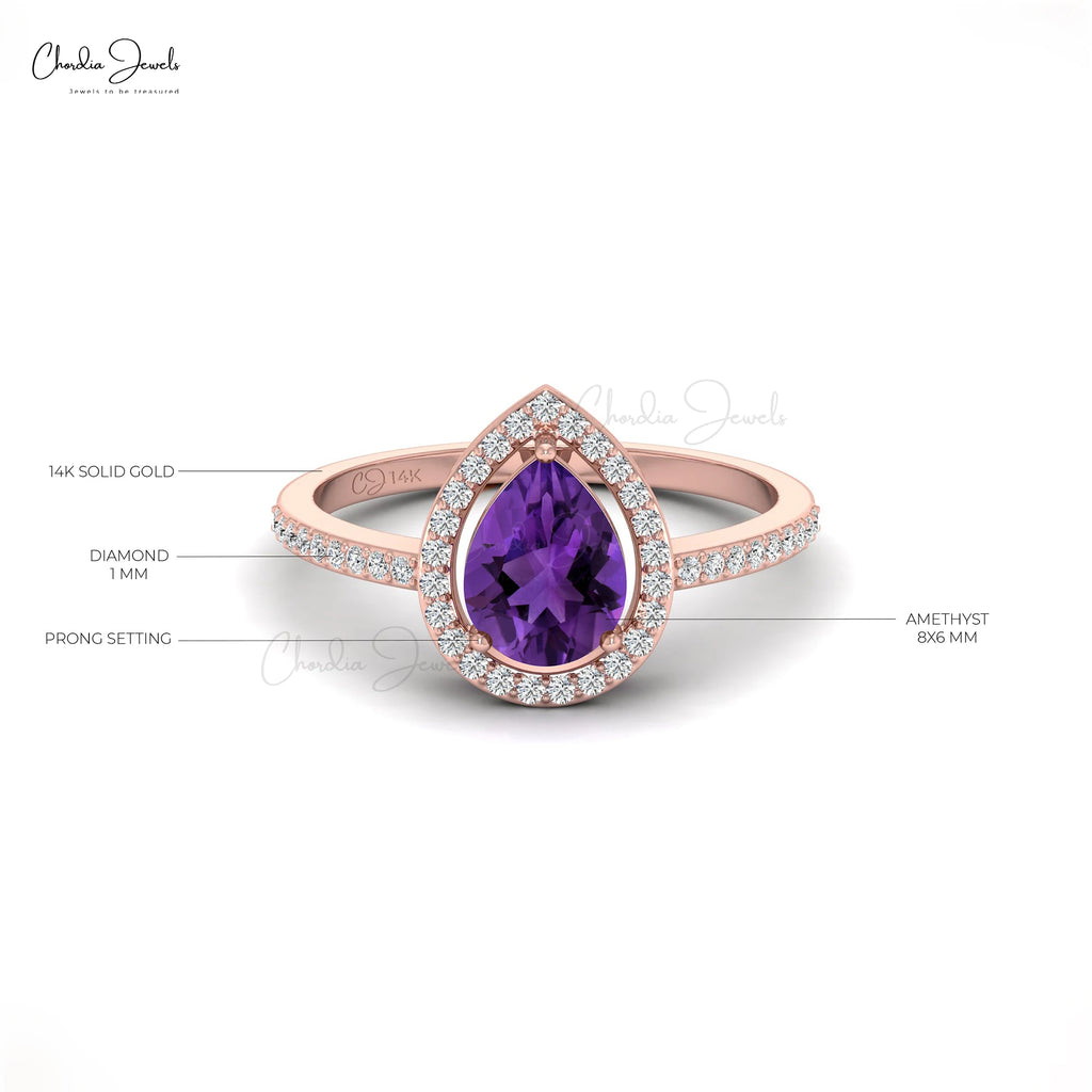 Trending Products 14k Fine Rose Gold Natural 8x6mm Pear Cut African Amethyst & 1mm G-H Diamond Halo Ring Top Wholesale Suppliers TAVEN System LLC