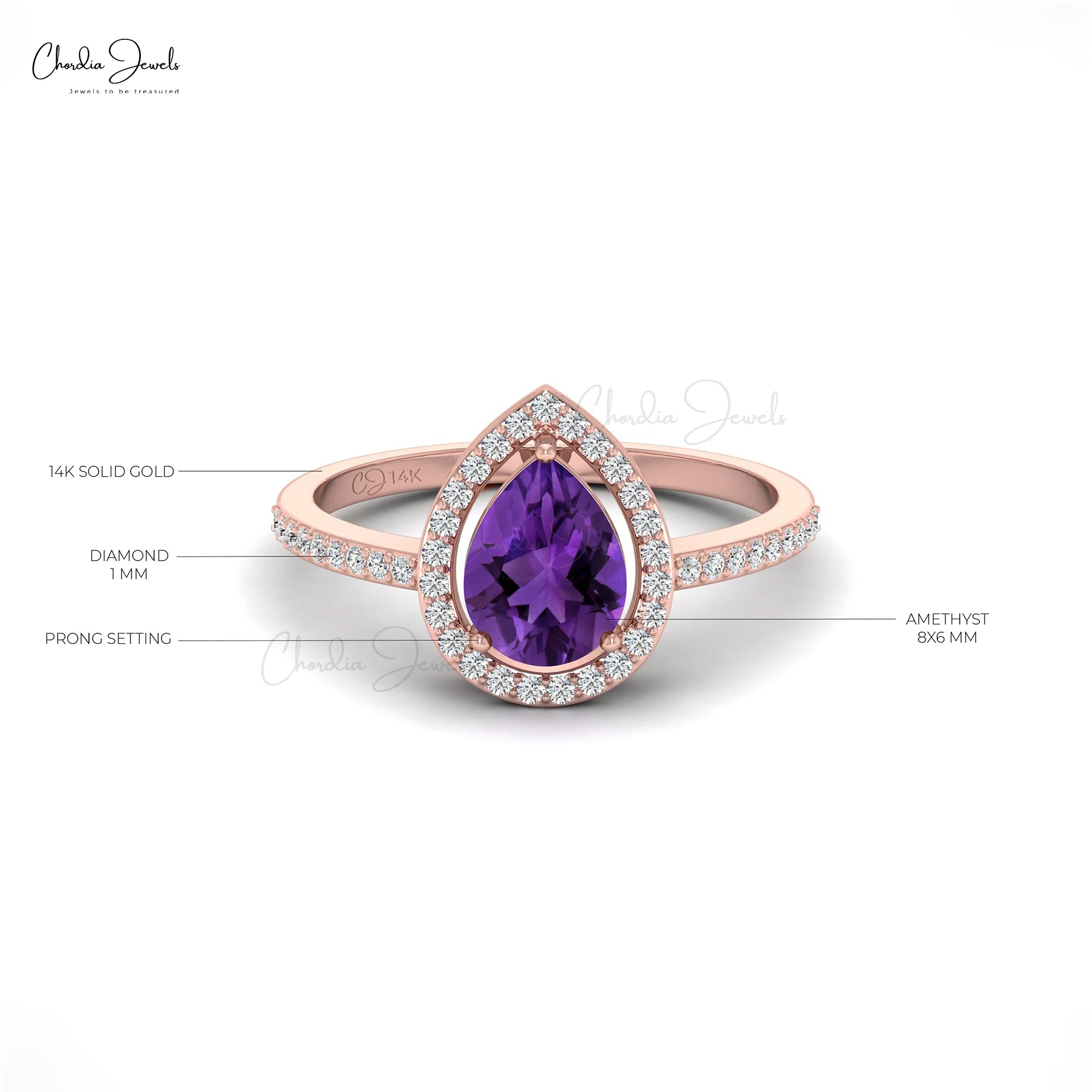 Trending Products 14k Fine Rose Gold Natural 8x6mm Pear Cut African Amethyst & 1mm G-H Diamond Halo Ring Top Wholesale Suppliers TAVEN System LLC