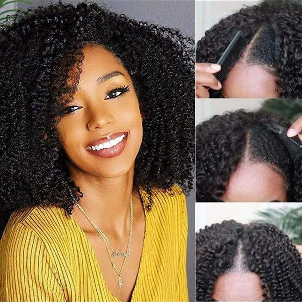 Hair Color: Natural Color, Stretched Length: 12INCHES, Density: 180% - Afro Kinky Curly V Part Human Hair Wigs No Leave Out Natural Black Machine Made Upgrade U Part Curly Wigs Indian Hair For Women Taven