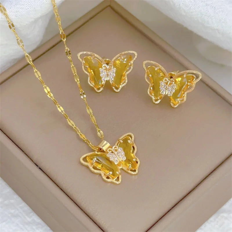 Fashion European and American Cute Micro-inlaid Butterfly Necklace Earrings Set Classic Light Luxury Transparent Stainless Steel TAVEN System LLC