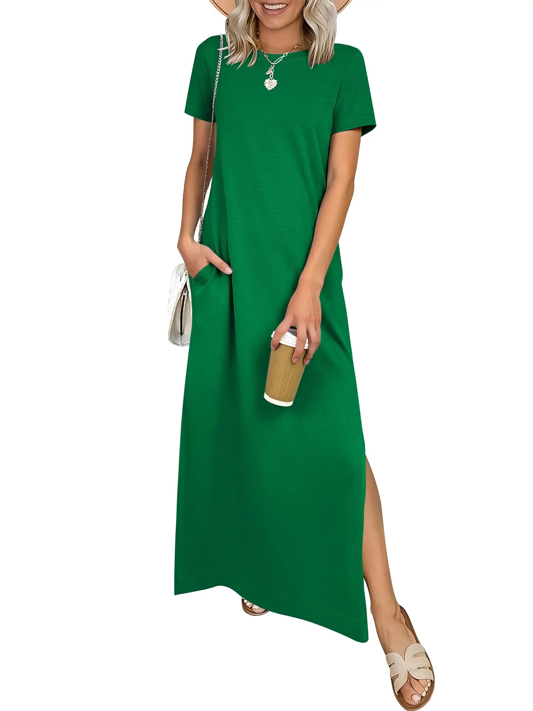 Women Short Sleeve Maxi Dress Crew Neck Side Split Casual Loose Dress