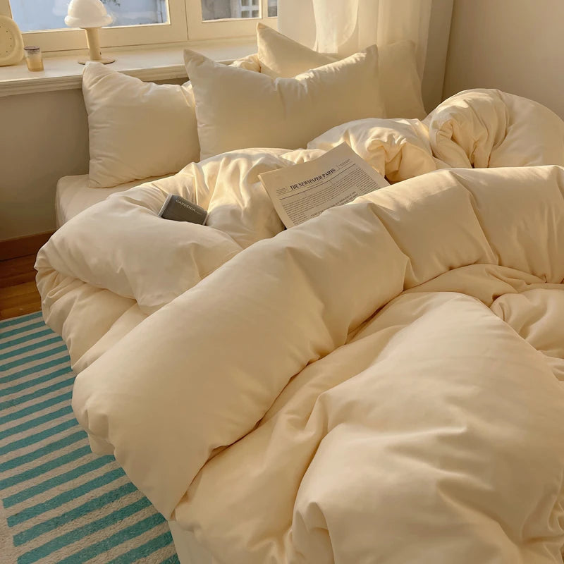 Cotton Bedding Set 4pcs with Solid Bed Sheet Duvet Cover Pillowcases Single Couple Bedsheet King Queen Double Twin Size TAVEN System LLC
