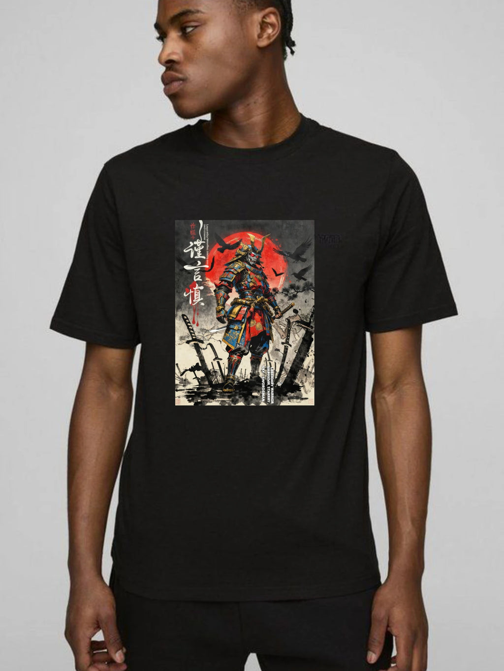 100% pure cotton short sleeved T-shirt Samurai Warrior Standing With Sword Red Moon Background Japanese Calligraphy Artwork Traditional Style Design Easy to wear and match, comfortable and fashionable, suitable for all season TAVEN System LLC