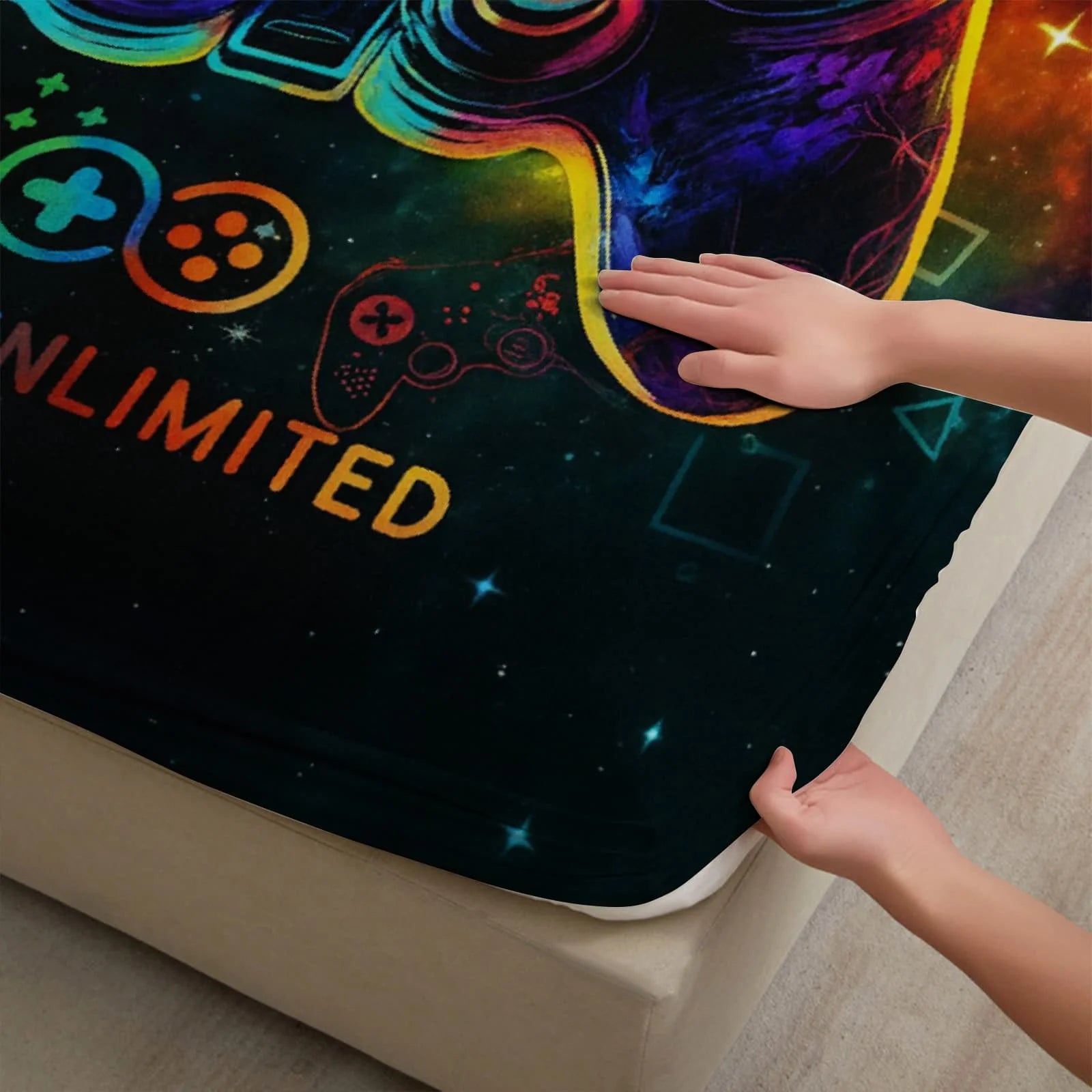 1pc Neon Cosmic Game Controller Print Fitted Sheet Deep Pocket Elastic Mattress Cover Single Double Queen King Bedroom Decor TAVEN System LLC