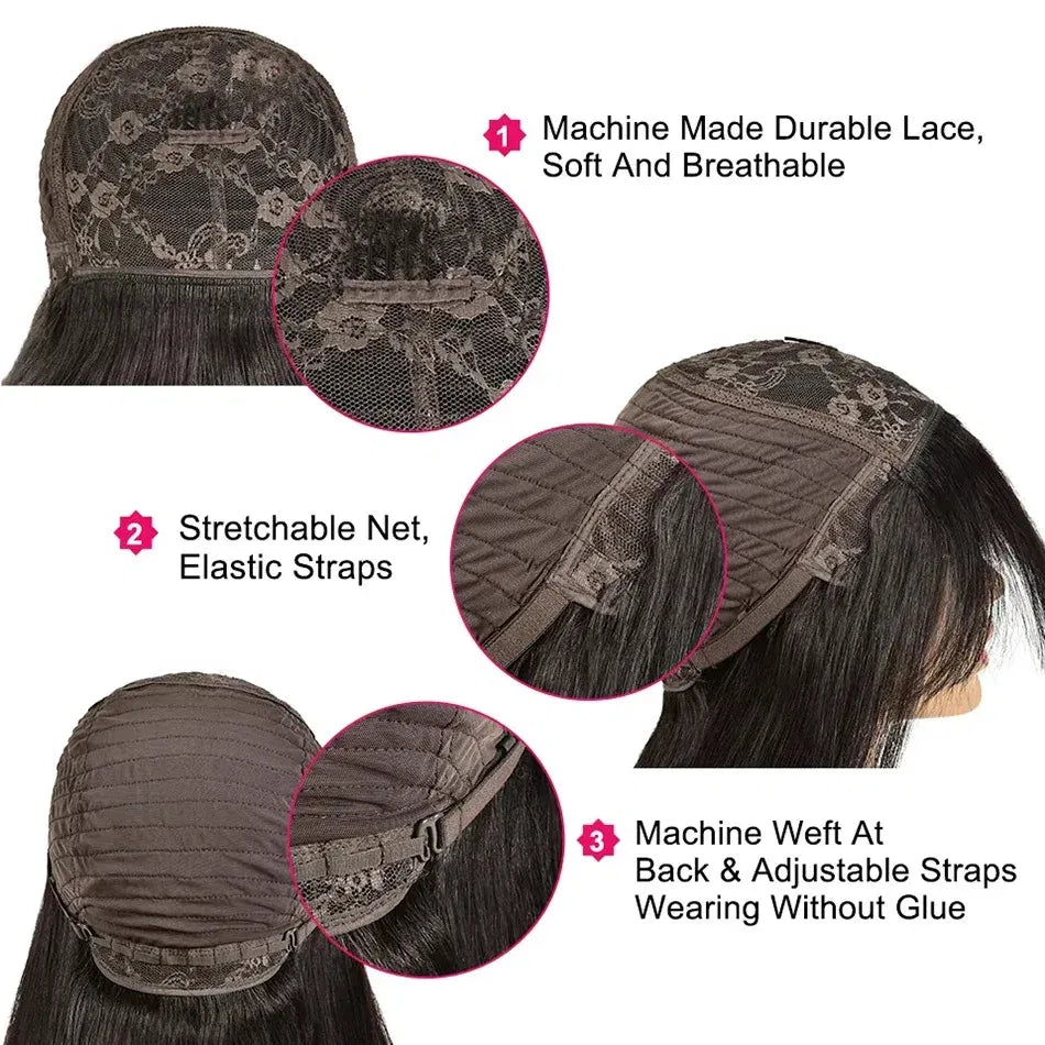 Stretched Length: 28inches, Density: 180% - Silky Wig Human Hair Full Machine Made Straight 100% Human Hair Wigs With Bangs For Women Brazilian Cheap Wig On Sale Clearance Taven