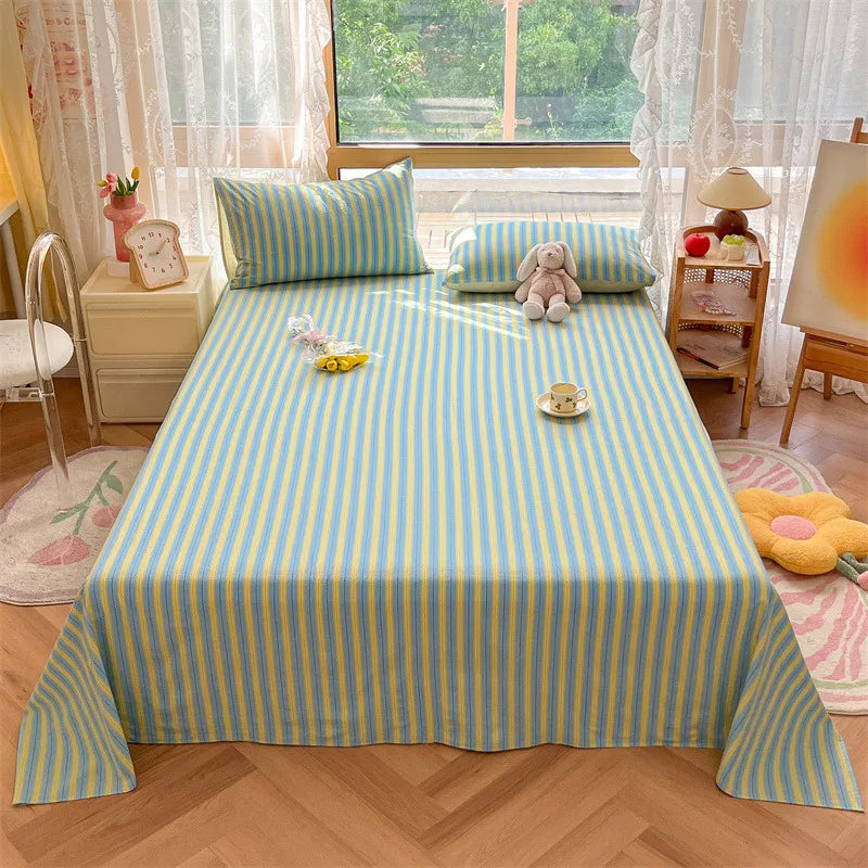 Japanese Style 100% Cotton Plaid Bed Sheet Soft Skin Friendly Flat Sheet or Sheet and Pillowcases Set Queen King Size Bedspreads TAVEN System LLC
