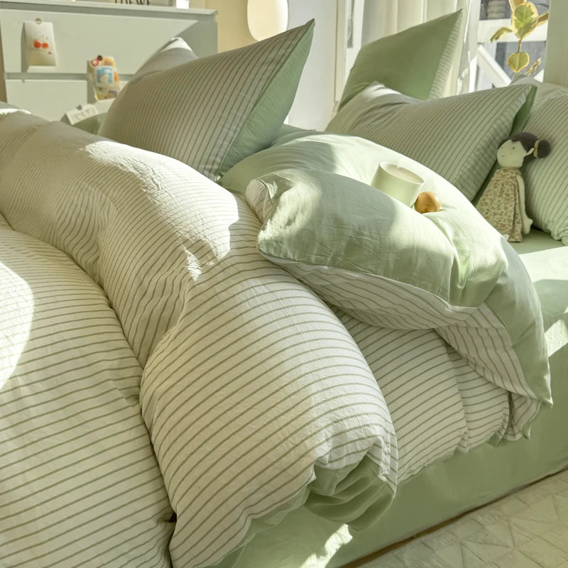 Soft Washed Cotton Bedding Set Striped Style Duvet Cover Sets with Quilt Cover Bedsheet Pillowcase 100% Cotton Bed Sheet Sets TAVEN System LLC