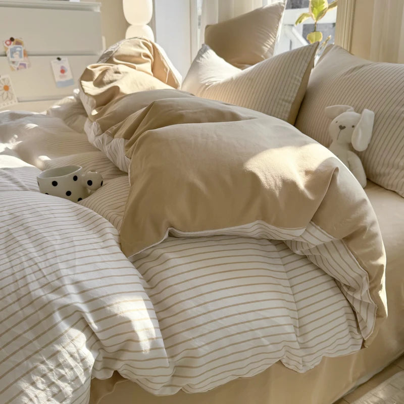 Soft Washed Cotton Bedding Set Striped Style Duvet Cover Sets with Quilt Cover Bedsheet Pillowcase 100% Cotton Bed Sheet Sets TAVEN System LLC