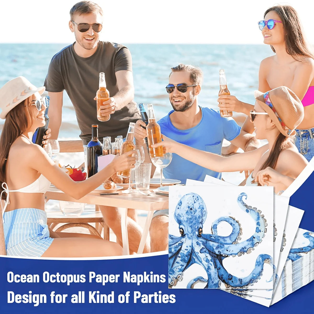 10 Ocean-themed party napkins for weddings, birthdays, baby parties - watercolor octopus and nautical table decoration, blue for summer parties, paper napkins for nautical table arrangement gifts TAVEN System LLC