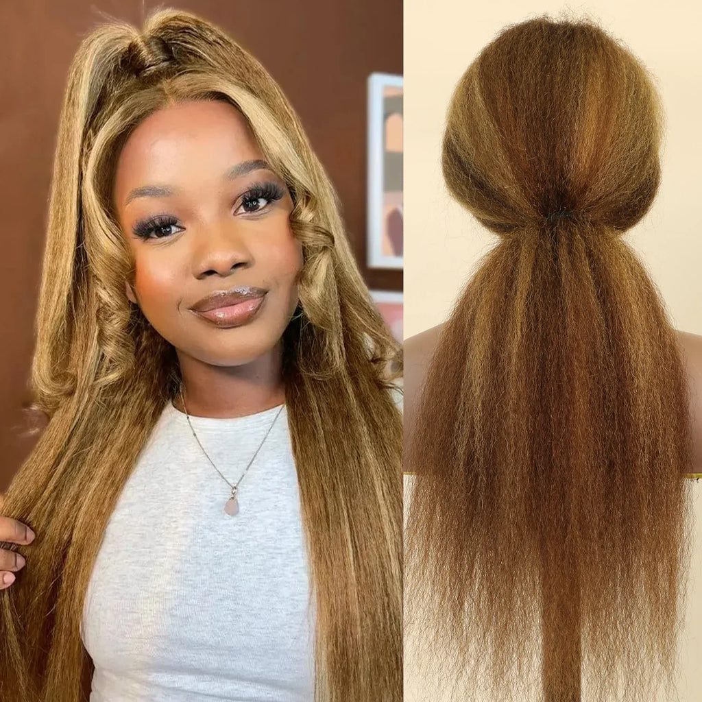 Stretched Length: 22inches, Density: 200% - 13x6 Highlight Brazilian 4/27 Brown Blonde Color Lace Wigs Kinky Straight Transparent Lace Front Human Hair Wig For Women Taven